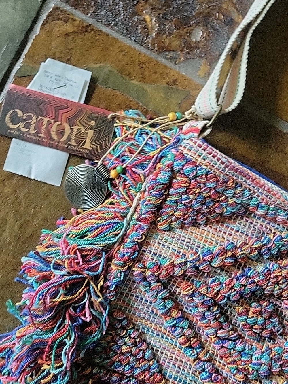 Multicolor Fringe Woven Crossbody Bag with Cream Strap - Picture 2 of 13